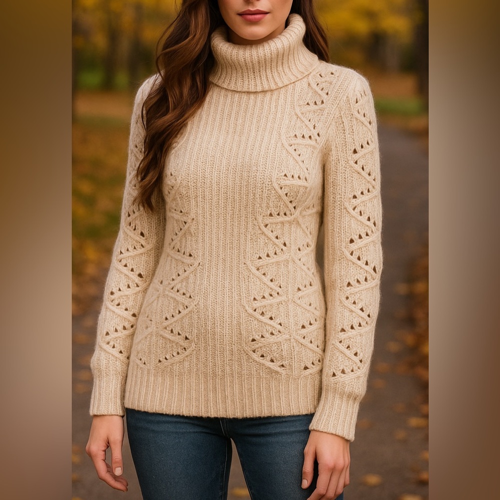 Banana Republic Turtleneck, Alpaca mix, delicate crochet knit, oatmeal, XS